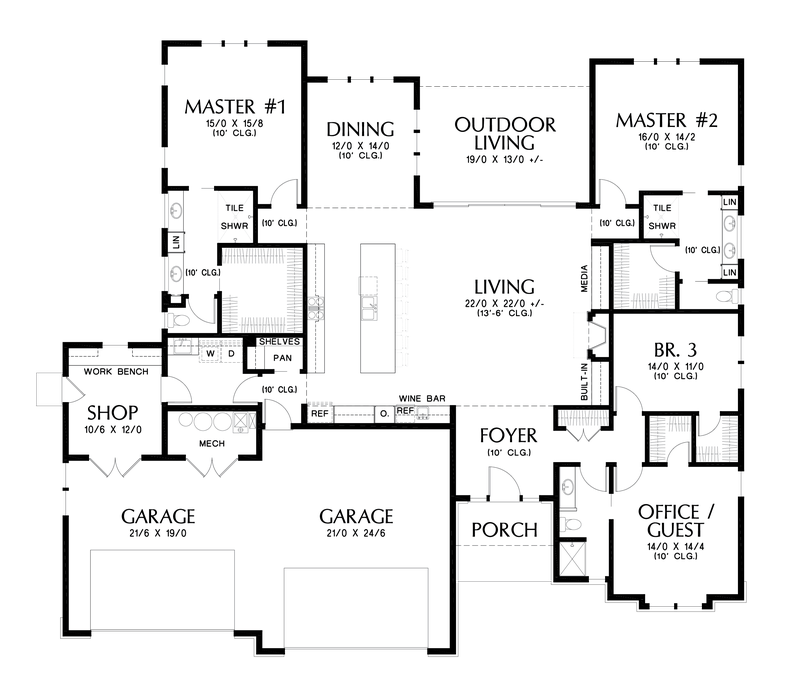 Main Floor Plan image for Mascord Abingdon-Spacious Family-Friendly Ranch Home Plan-Main Floor Plan