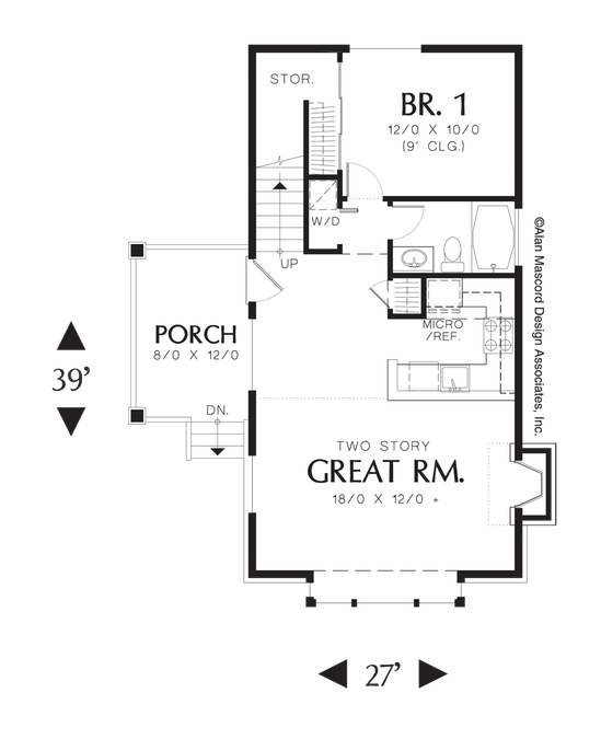 Main Floor Plan image for Mascord Vanessa-1 Bedroom Cottage Plan with Loft-Main Floor Plan