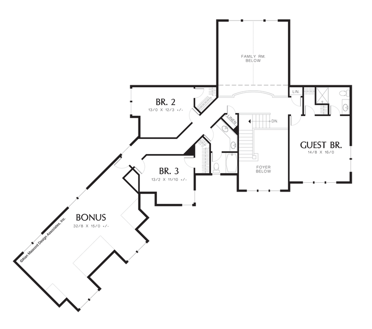 Upper Floor Plan image for Mascord Kaiser-2 Story Great Room Plan with Angled Garage-Upper Floor Plan