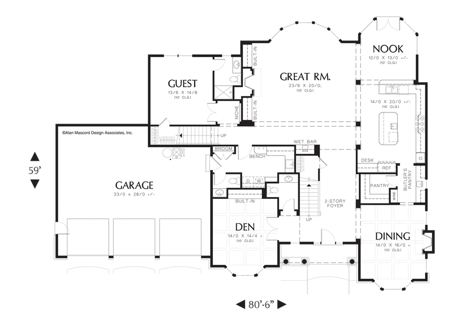 Main Floor Plan image for Mascord Harwood-French Country Plan with Fireplace in Living and Dining-Main Floor Plan