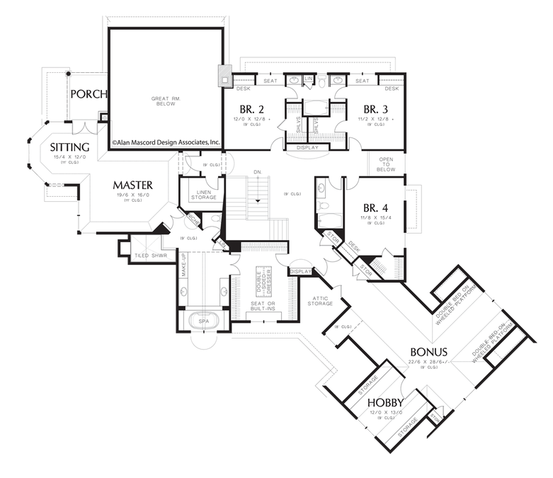 Upper Floor Plan image for Mascord Hallsville-Large European Country Design with Angled Garage-Upper Floor Plan