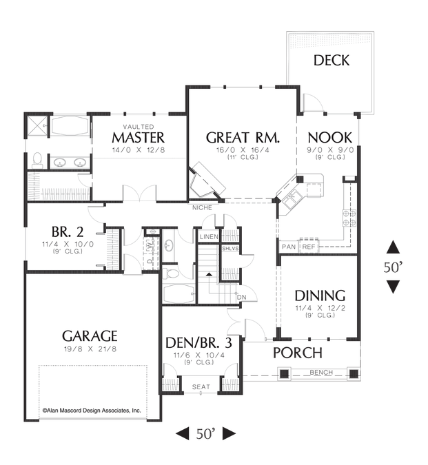 Main Floor Plan image for Mascord Summerwood-Open Craftsman Plan with High Ceilings-Main Floor Plan