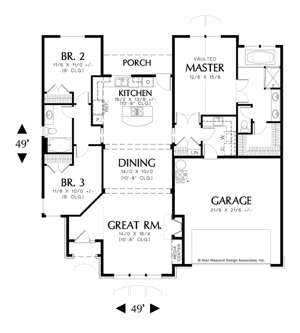 Main Floor Plan image for Mascord Elliot-Cottage Plan with Arched Window in Great Room-Main Floor Plan