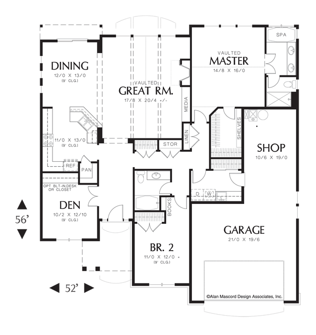 Main Floor Plan image for Mascord Calloway-Cottage Style Home with Vaulted Great Room and Fireplace-Main Floor Plan