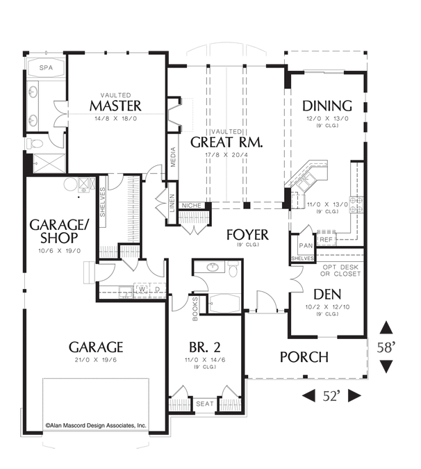 Main Floor Plan image for Mascord Lindley-3 Bed, 2 Bath, 2 Car Garage Cottage Home-Main Floor Plan