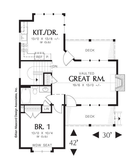 Main Floor Plan image for Mascord Amorette-2 Level Cottage Plan with Stone Chimney-Main Floor Plan