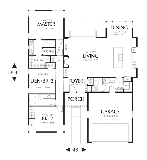 Main Floor Plan image for Mascord Berkley-Cozy and Quaint Contemporary Plan-Main Floor Plan