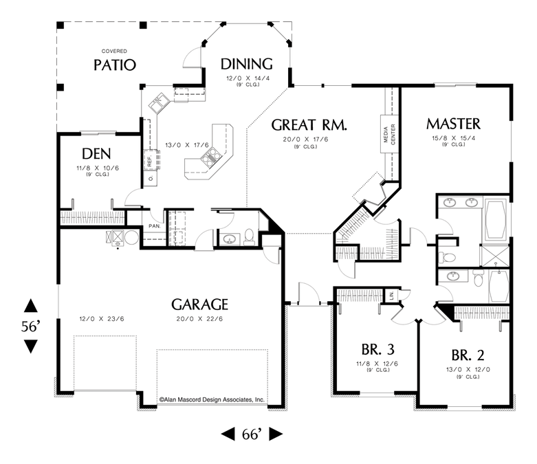 Main Floor Plan image for Mascord Emily-One Story 3 Bedroom Plan with Den-Main Floor Plan