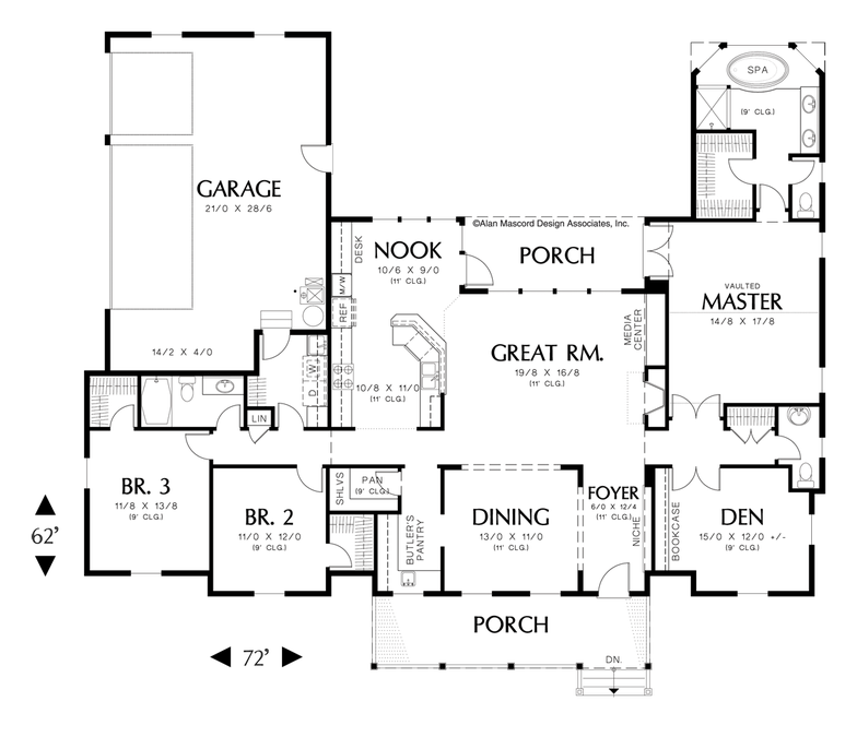 Main Floor Plan image for Mascord Renville-Cape Cod Plan with Covered Porch and High Ceilings-Main Floor Plan