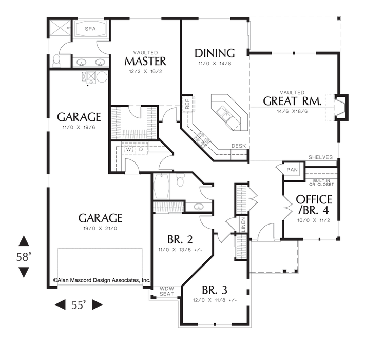 Main Floor Plan image for Mascord Saratoga-Craftsman Floor Plan with Open Living Spaces-Main Floor Plan