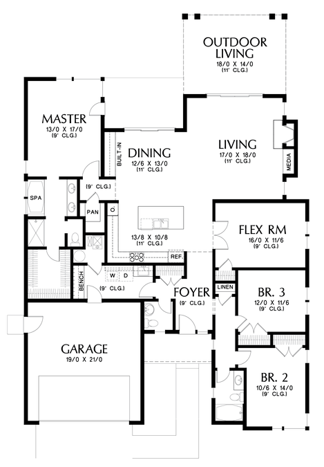 Main Floor Plan image for Mascord Kennedy-Smart, Flexible Design, Mid-Century Modern Appeal-Main Floor Plan