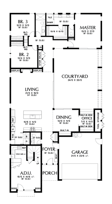 Main Floor Plan image for Mascord Alameda North-Contemporary Design with Courtyard and Two Story Separated Apartment-Main Floor Plan