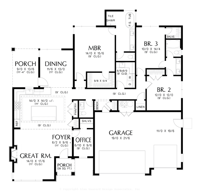 Main Floor Plan image for Mascord Kubrick-Features Office and 3 Car Garage-Main Floor Plan