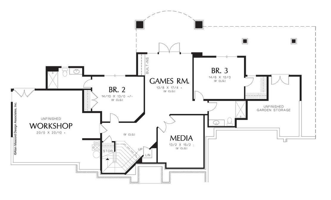Lower Floor Plan image for Mascord Landgren-Hillside Plan with Many Built-ins-Lower Floor Plan