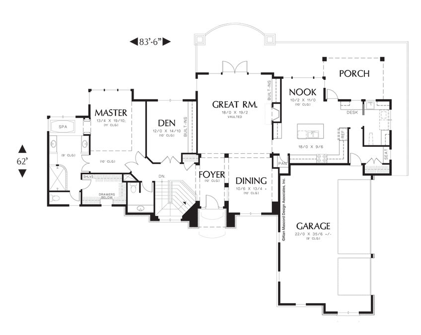 Main Floor Plan image for Mascord Landgren-Hillside Plan with Many Built-ins-Main Floor Plan