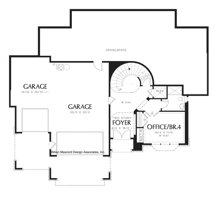 Lower Floor Plan image for Mascord Leavenworth-Sloping Lot Plan with Spiral Staircase and Elevator-Lower Floor Plan