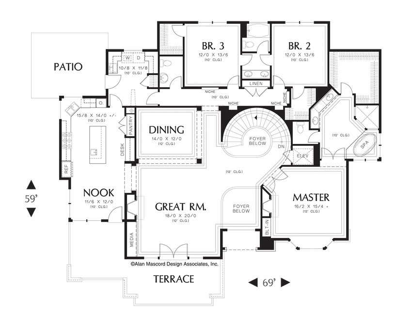 Main Floor Plan image for Mascord Leavenworth-Sloping Lot Plan with Spiral Staircase and Elevator-Main Floor Plan