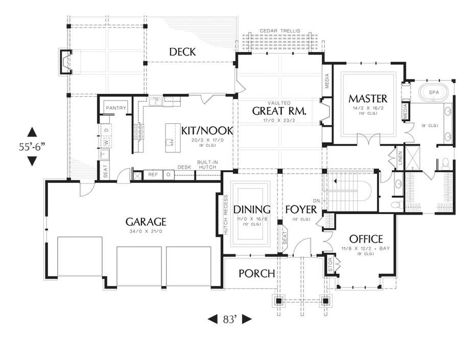 Main Floor Plan image for Mascord Lenhart-Craftsman Style Home Plan for Down-sloping Lot-Main Floor Plan