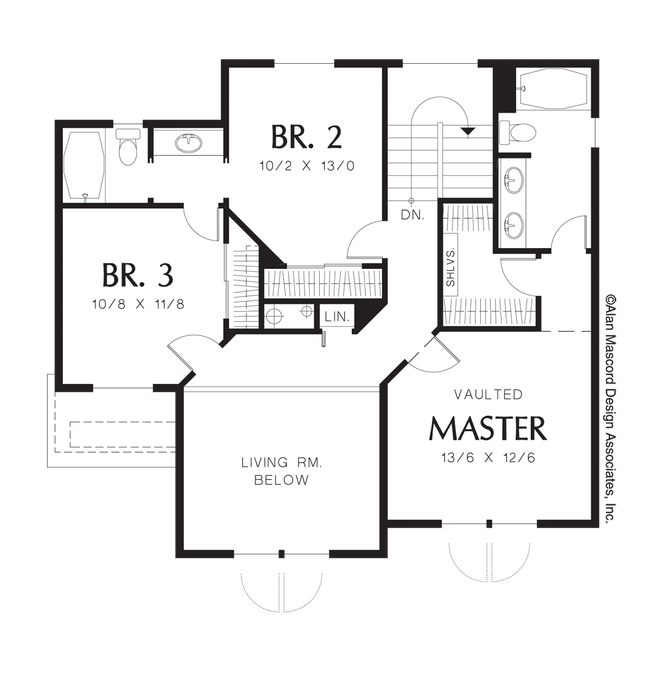 Upper Floor Plan image for Mascord Everett-Multi-level Traditional Plan with Tall Arched Windows-Upper Floor Plan