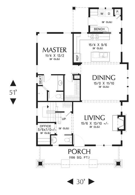 Main Floor Plan image for Mascord Morris-Craftsman Bungalow with Open Floor Plan and Loft-Main Floor Plan
