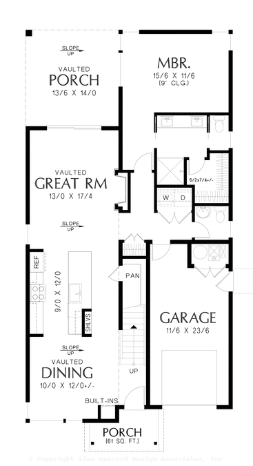 Main Floor Plan image for Mascord Manhattan-Live Large in this Narrow Home with Vaulted Spaces-Main Floor Plan