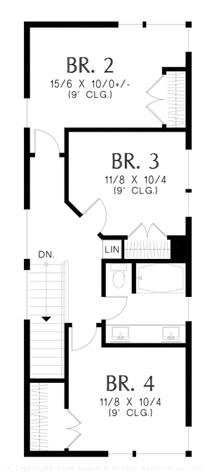Upper Floor Plan image for Mascord Manhattan-Live Large in this Narrow Home with Vaulted Spaces-Upper Floor Plan