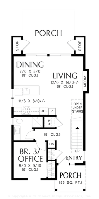 Main Floor Plan image for Mascord Clementine-Narrow Footprint Farmhouse with Optional Garage-Main Floor Plan