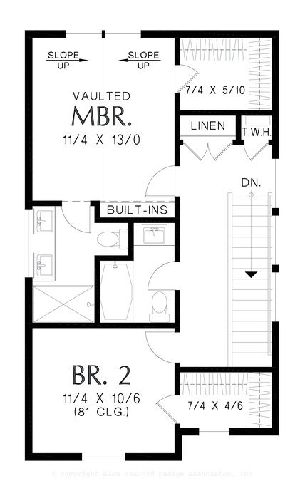 Upper Floor Plan image for Mascord Clementine-Narrow Footprint Farmhouse with Optional Garage-Upper Floor Plan