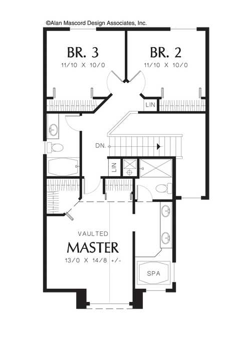 Upper Floor Plan image for Mascord Donovan-Small Family Home Plan with Luxurious Master-Upper Floor Plan