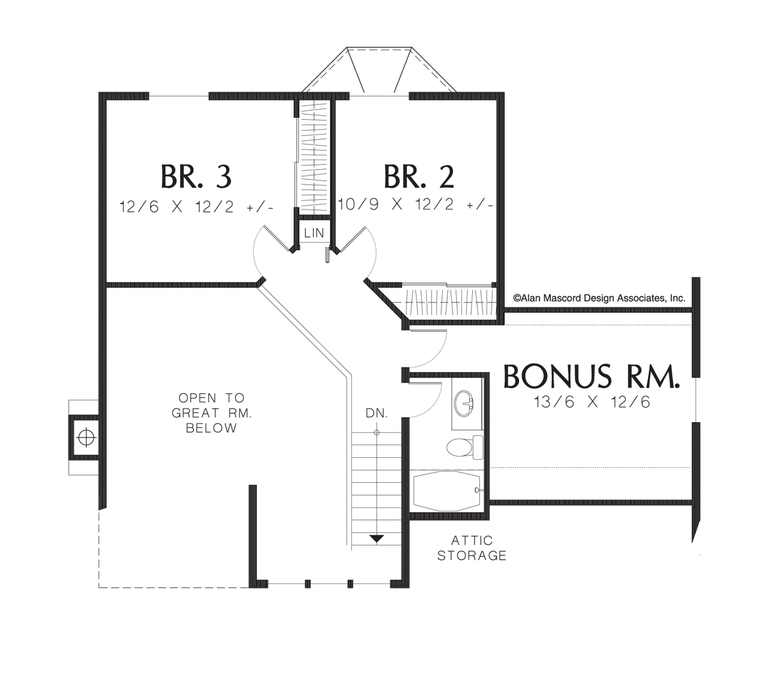 Upper Floor Plan image for Mascord Seville-Two Story Traditional Great Room Plan with Fireplace-Upper Floor Plan