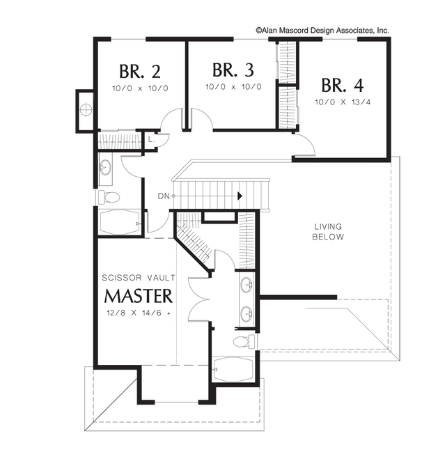 Upper Floor Plan image for Mascord Ashford-Friendly Two Story Country Plan with Front Porch-Upper Floor Plan
