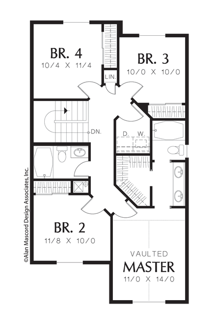 Upper Floor Plan image for Mascord Graham-4 Bedroom Colonial Plan with Vaulted Master-Upper Floor Plan
