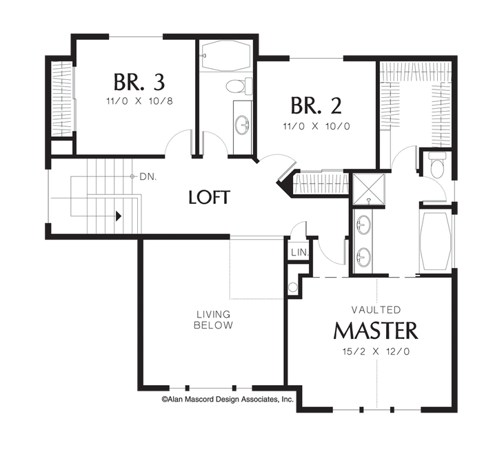 Upper Floor Plan image for Mascord Barton-Flexible Contemporary Plan with Double Sided Fireplace-Upper Floor Plan