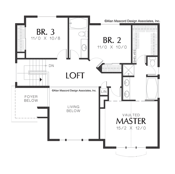 Upper Floor Plan image for Mascord Newell-Sloping Lot Tri-level Plan with Loft-Upper Floor Plan