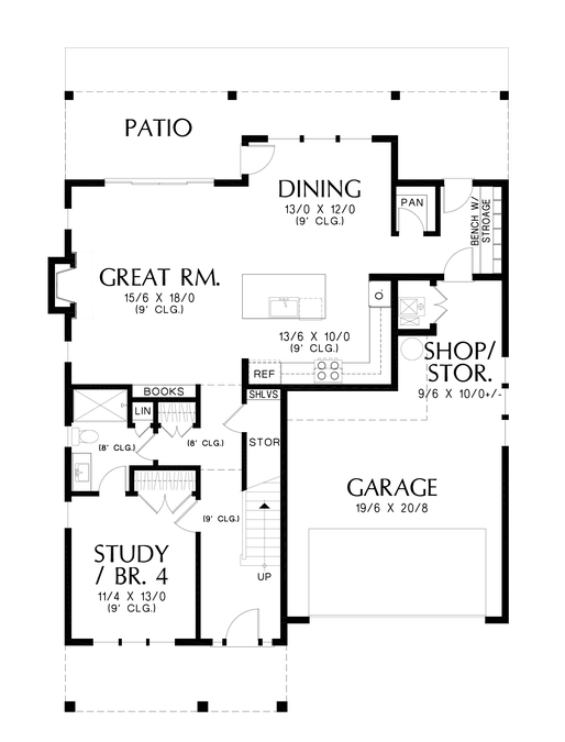 Main Floor Plan image for Mascord Mirriam-Rich Layout with Flex Space, Shop, and Large Bonus-Main Floor Plan