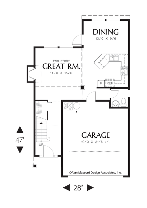 Main Floor Plan image for Mascord Mandel-Narrow Three Bedroom Colonial Plan for the City-Main Floor Plan