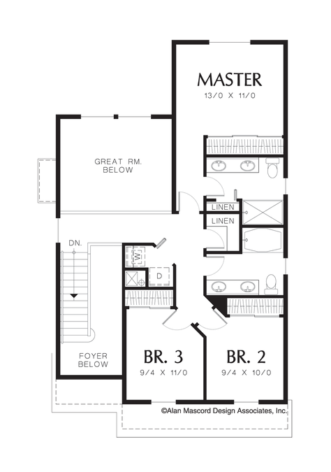 Upper Floor Plan image for Mascord Mandel-Narrow Three Bedroom Colonial Plan for the City-Upper Floor Plan