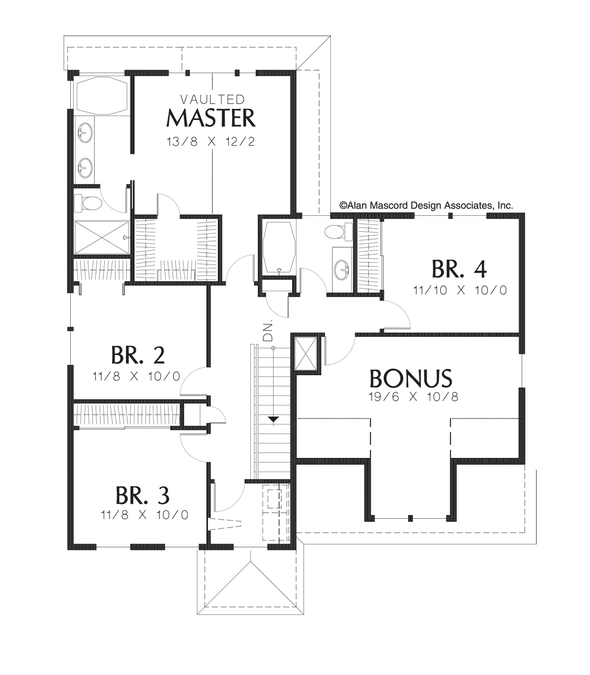 Upper Floor Plan image for Mascord Charlemont-Traditional Plan Featuring Master Salon-Upper Floor Plan