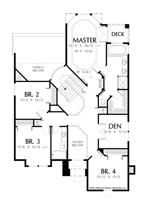 Upper Floor Plan image for Mascord Barnhart-4 Bedroom Traditional Plan with Den-Upper Floor Plan