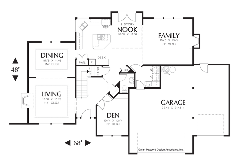 Main Floor Plan image for Mascord Silverston-French Doors Abound in this Prairie Style Plan-Main Floor Plan