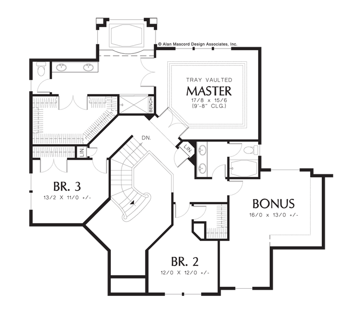 Upper Floor Plan image for Mascord Bartell-French Style Plan Featuring Built-in Media Set-Upper Floor Plan