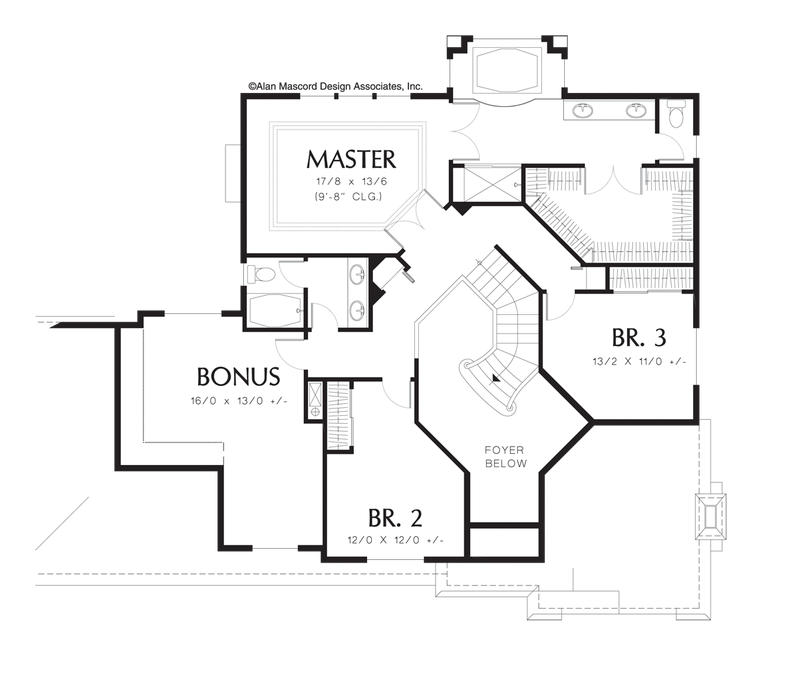 Upper Floor Plan image for Mascord Huxley-Flowing European Style Plan with Structural Columns-Upper Floor Plan