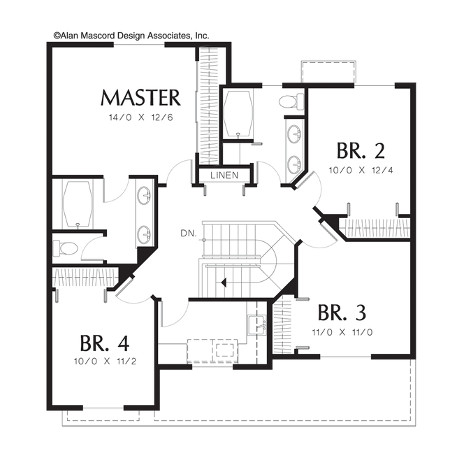 Upper Floor Plan image for Mascord Alexander-4 Bedroom Country Plan with U-shaped Stairs-Upper Floor Plan