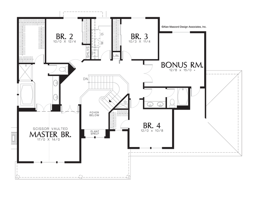 Upper Floor Plan image for Mascord Clairborne-Craftsman Plan Features Double Sided Fireplace-Upper Floor Plan