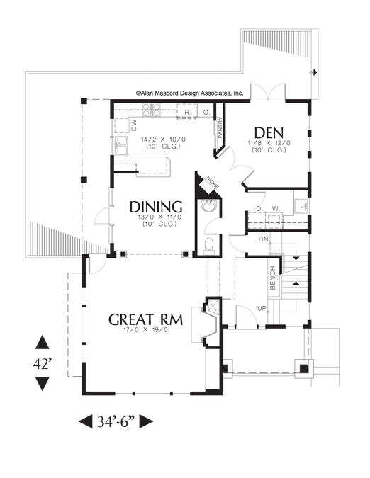 Main Floor Plan image for Mascord Bradford-Craftsman Plan Featuring 3 Floors and Tri-level Deck-Main Floor Plan