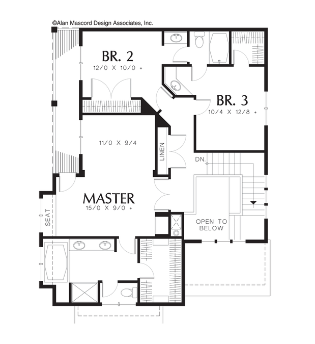 Upper Floor Plan image for Mascord Bradford-Craftsman Plan Featuring 3 Floors and Tri-level Deck-Upper Floor Plan