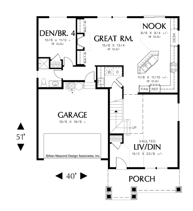 Main Floor Plan image for Mascord Creston-Livable 3 Bedroom Craftsman Plan with Bonus Room-Main Floor Plan