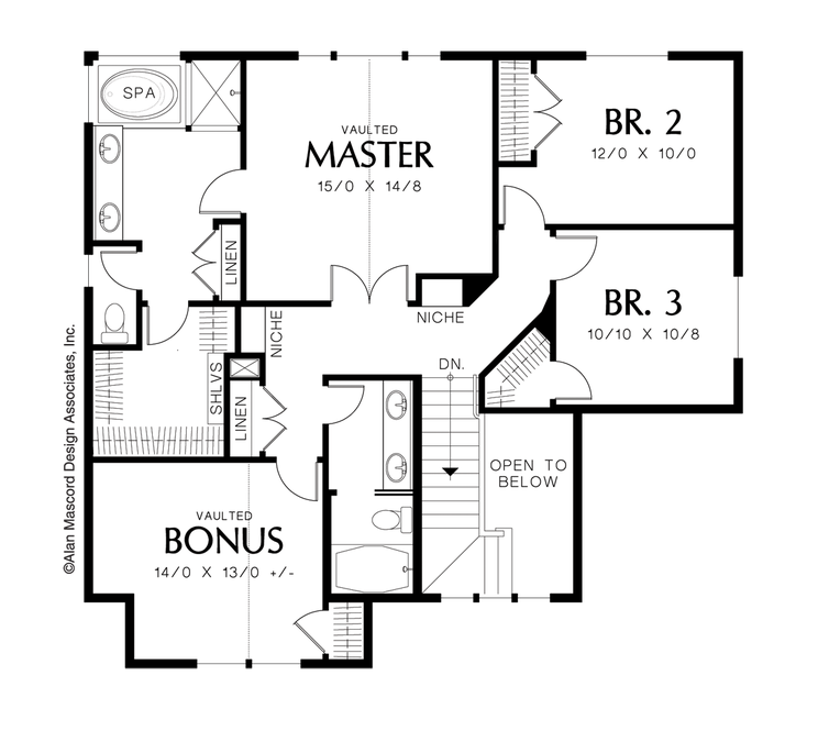 Upper Floor Plan image for Mascord Creston-Livable 3 Bedroom Craftsman Plan with Bonus Room-Upper Floor Plan