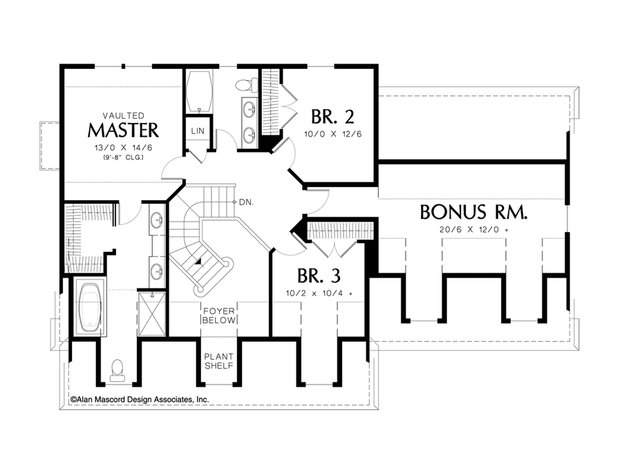Upper Floor Plan image for Mascord Lawrence-Colonial Style Plan with Front or Side Garage-Upper Floor Plan