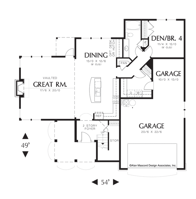 Main Floor Plan image for Mascord Lewiston-Craftsman Plan with Vaulted Ceilings-Main Floor Plan